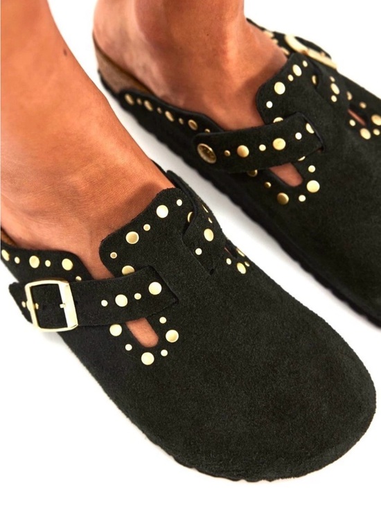 Birkenstock Shoes - Free People Birkenstock Boston Rivets Clog Black Suede Brass Matte Studs